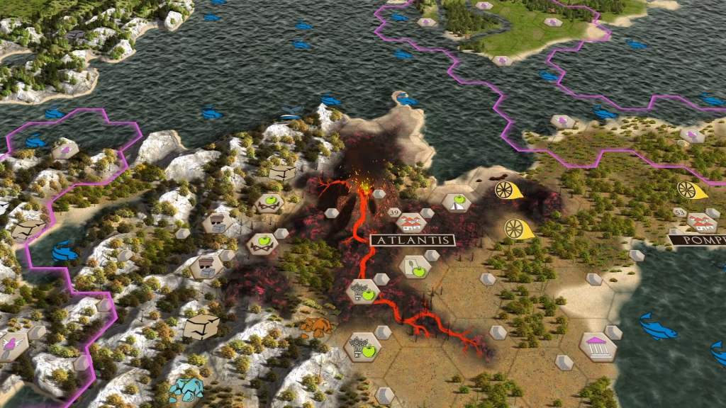A strategic game map depicting the landscape of Atlantis with visible hexagonal tiles, natural resources, and areas affected by disasters, set against a body of water.