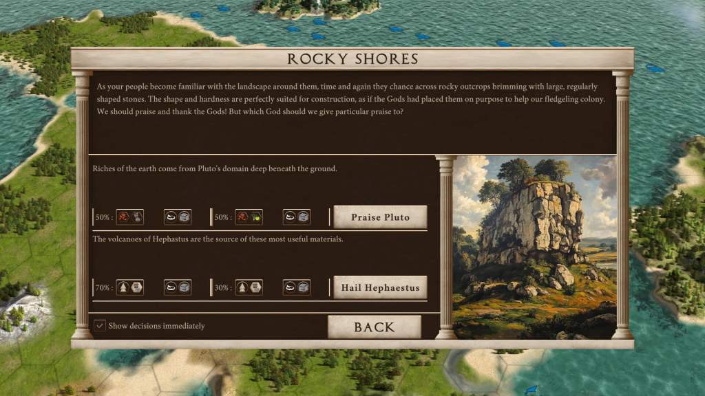 In-game screenshot from Critias Empire showing a landscape with rocky shores and options to praise either Pluto or Hephaestus.
