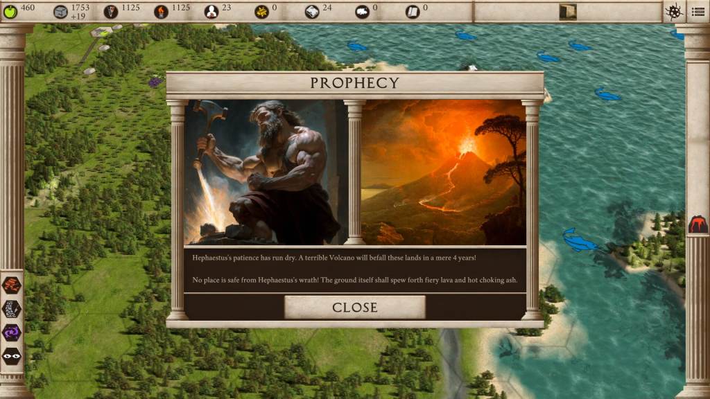 Screenshot of a game interface featuring a prophecy from the Greek god Hephaestus, warning of an impending volcanic eruption. The left side shows a depiction of Hephaestus with his hammer, while the right side illustrates a volcano erupting. The background includes a landscape with water and greenery.