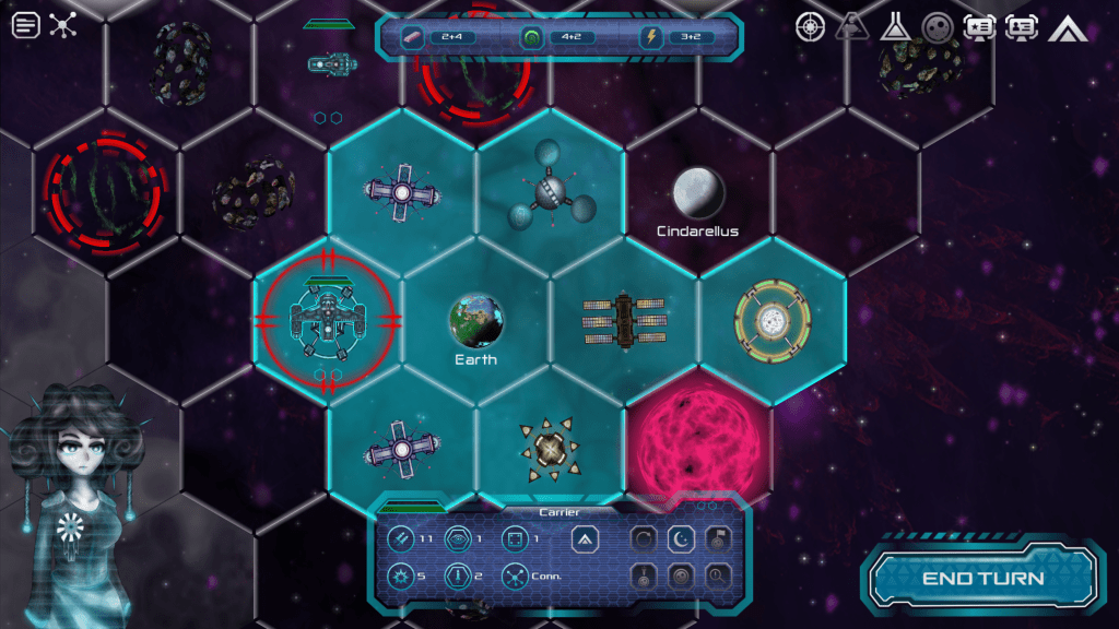 Game interface of Astro Protocol, a tactical turn-based 4X space strategy game, featuring a hexagonal grid with planets, spaceships, and elements of gameplay.