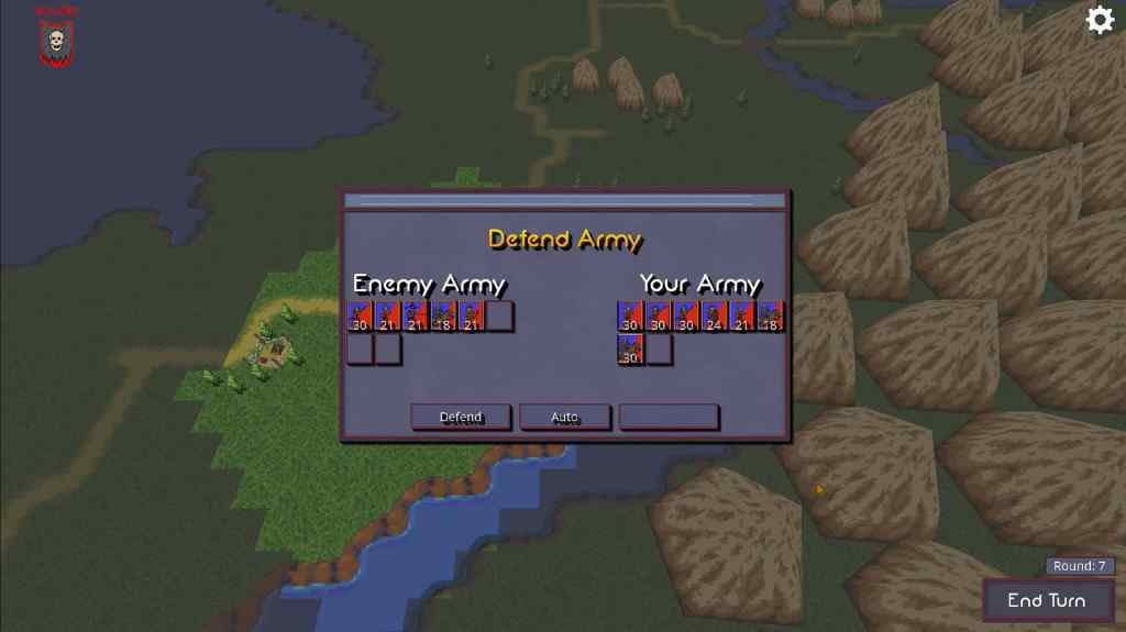 Screen displaying a tactical turn-based battle interface for the game Everwar, showcasing the player's army and the enemy army statistics on a hex grid terrain.