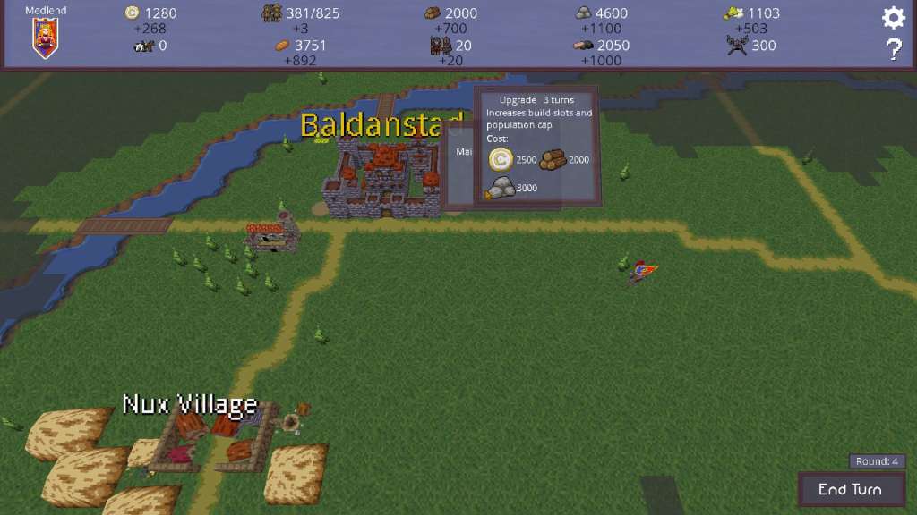Gameplay screenshot of Everwar, featuring a turn-based strategy interface with the settlement Baldansta prominently displayed, along with resources and management options.