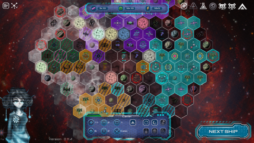 A tactical turn-based 4X space strategy game interface showing a hexagonal map with various planets and space stations, along with a character on the left side and game controls at the bottom.