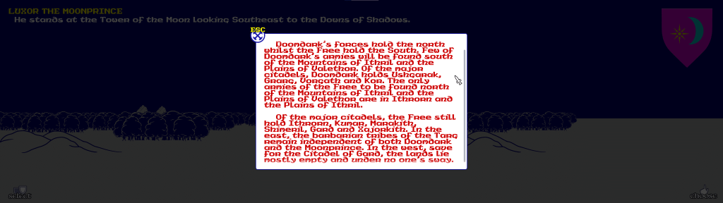 A game screen displaying Luxor the Moonprince, positioned at the Tower of the Moon, with a map overview and text detailing the game's lore and enemy positions.