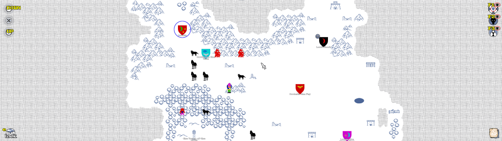 Map of the game 'The Lords of Midnight' showing various locations, characters, and enemy units on a snowy landscape.