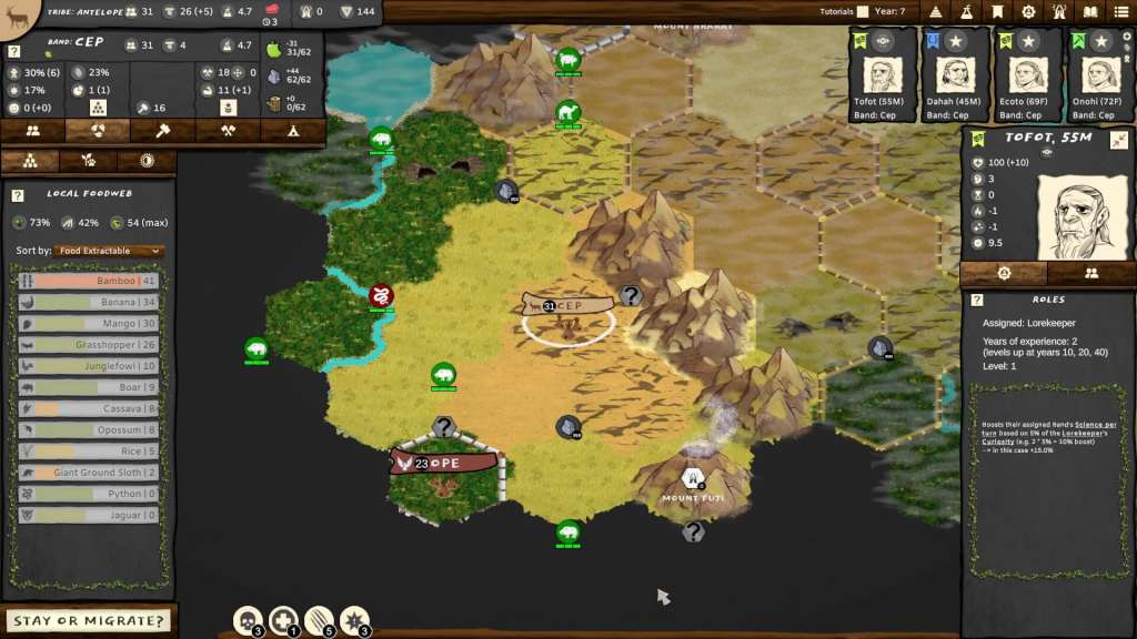 A screenshot from the game 'Folk Emerging', showcasing a detailed map with various territories, local food resources, and character roles. The game's interface includes stats for the player's tribe and individual characters.