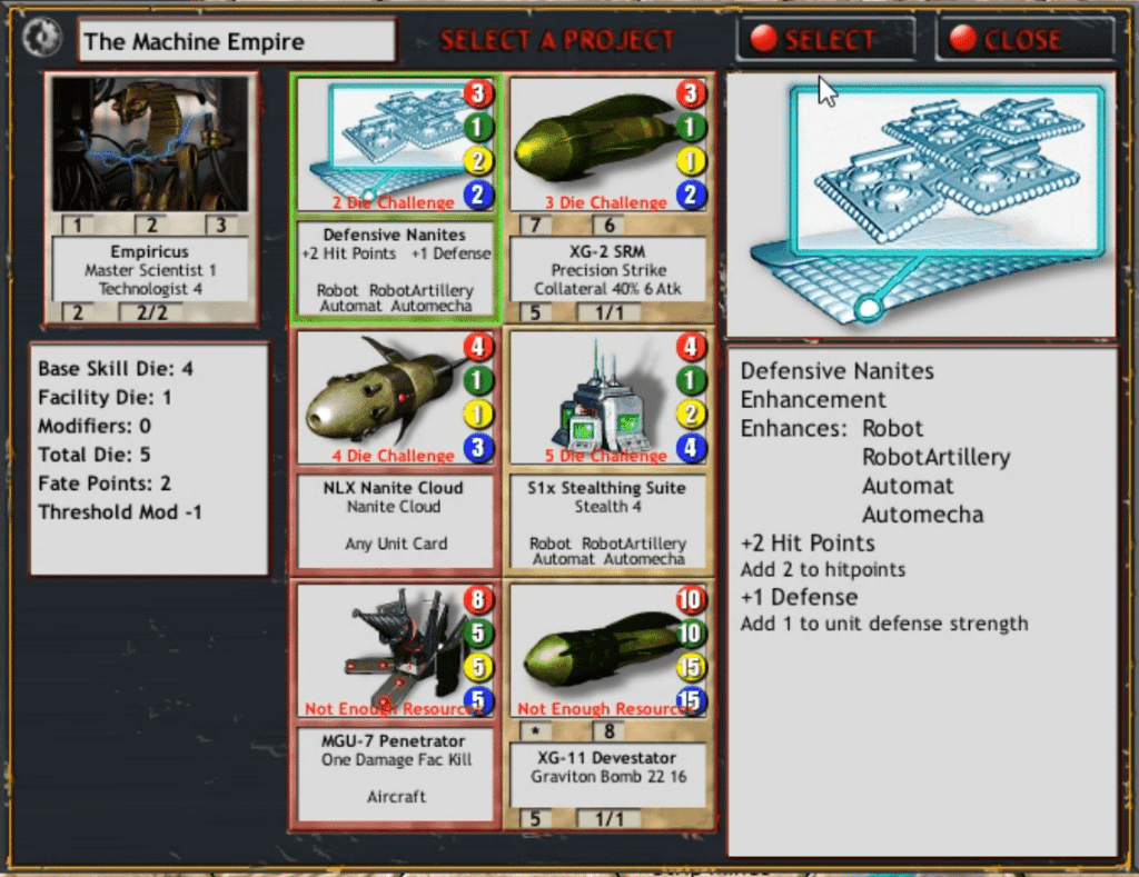 Screenshot of the Machine Empire project selection screen from the game Armageddon Empires, displaying various project options and associated attributes.