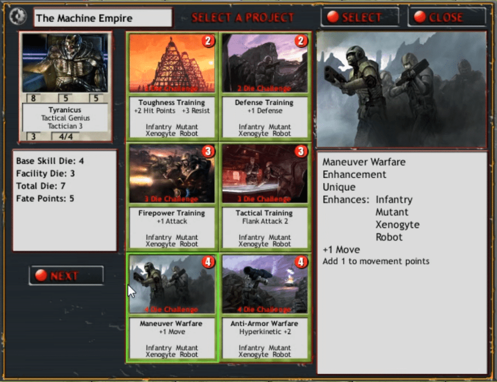 User interface for selecting projects in the game Armageddon Empires, featuring the Machine Empire's options for training and enhancements.