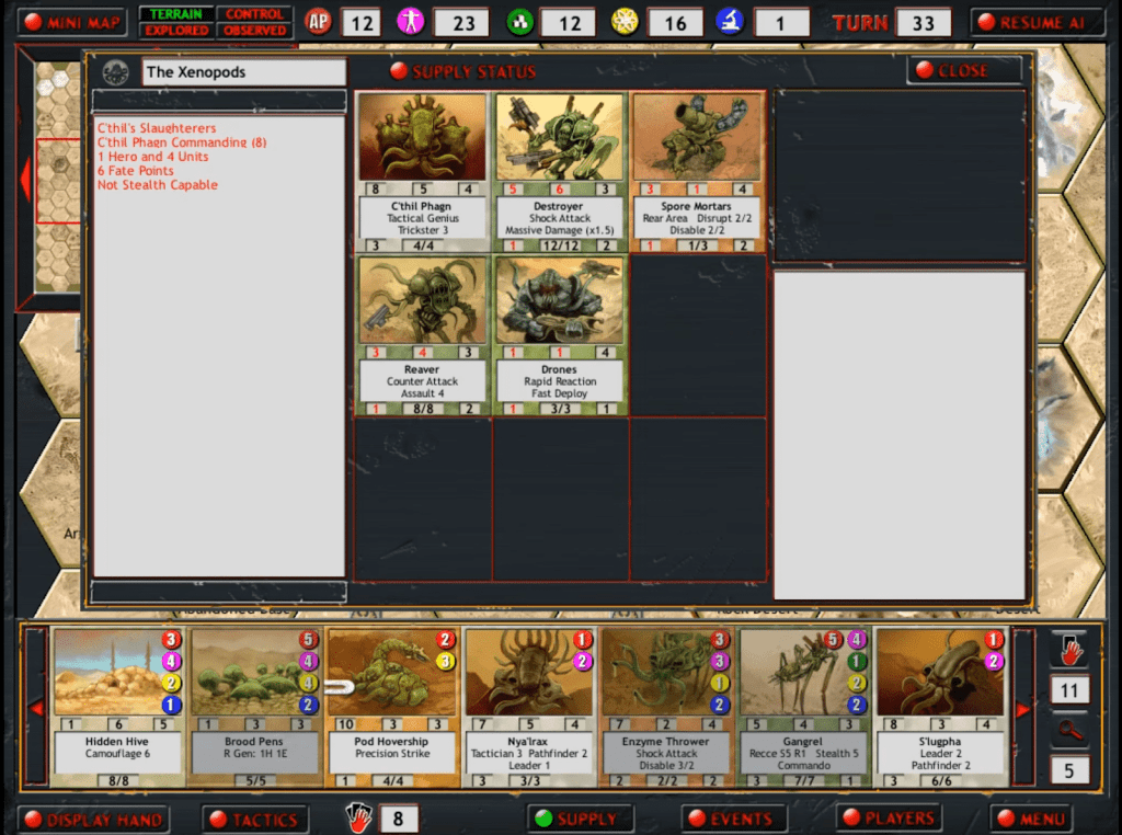 Screenshot of the game Armageddon Empires, specifically displaying the Xenopods faction's unit cards and stats, including resources, action points, and tactical abilities.