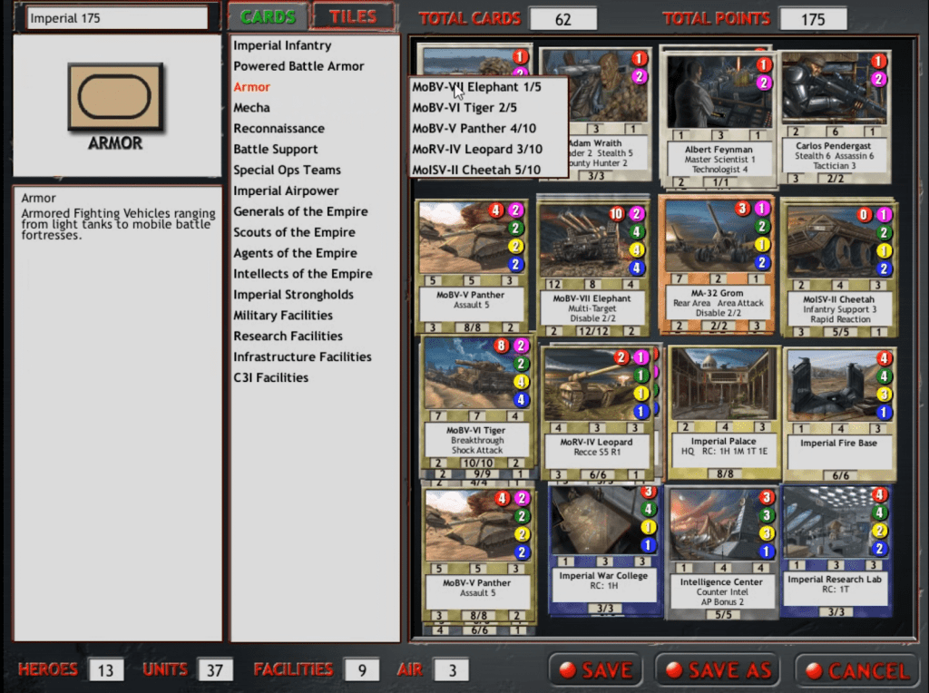A screenshot of the card selection interface from the game Armageddon Empires, displaying various units, heroes, and facilities with their stats and descriptions.