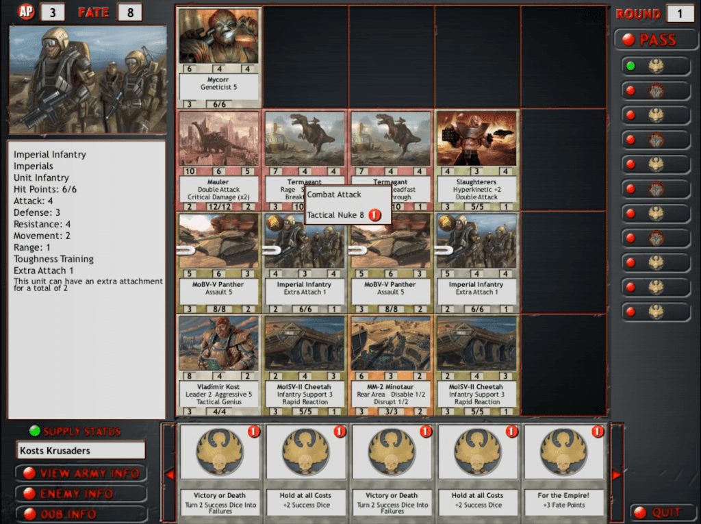 Game interface showing the Imperial Infantry unit cards in Armageddon Empires.