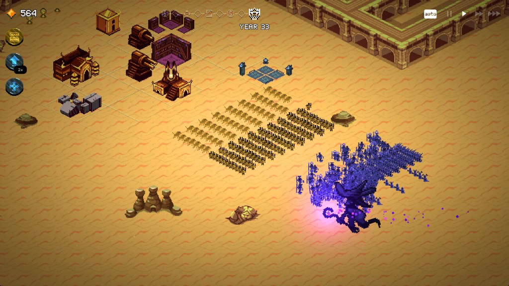 A pixel art representation of a desert battlefield in a strategy game, featuring buildings, resource heaps, and an army approaching a dark creature.