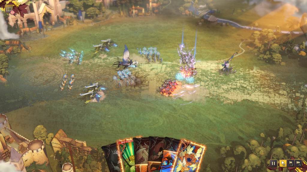 A tactical battle scene from a strategy game featuring unit formations and magical spells in a fantasy setting.