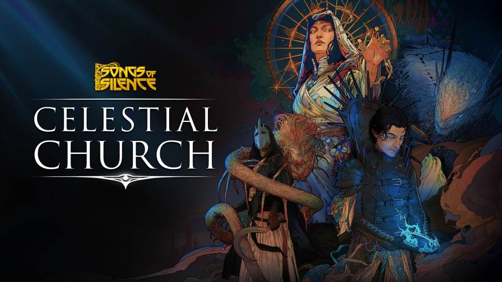 Artwork for 'Songs of Silence: Celestial Church', featuring a dramatic composition with a mysterious figure in the foreground and ethereal beings in the background, showcasing a blend of fantasy elements.