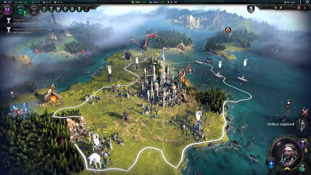 A strategic game map showcasing a fantasy world, featuring a central city surrounded by diverse landscapes including forests, mountains, and water bodies, with various units and markers indicating exploration and movement.