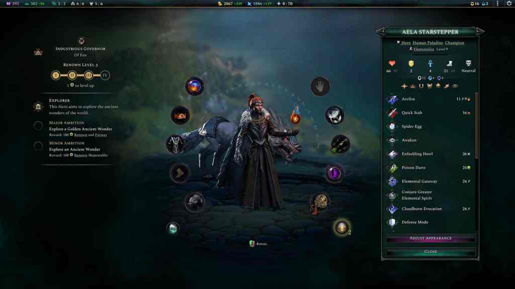 Aela Starstepper, a character from a strategy game, stands in a dark fantasy landscape. She is dressed in dark armor and has mystical elements around her, including a glowing orb and a wolf companion. The interface includes stats and abilities related to her role as an explorer and governor.