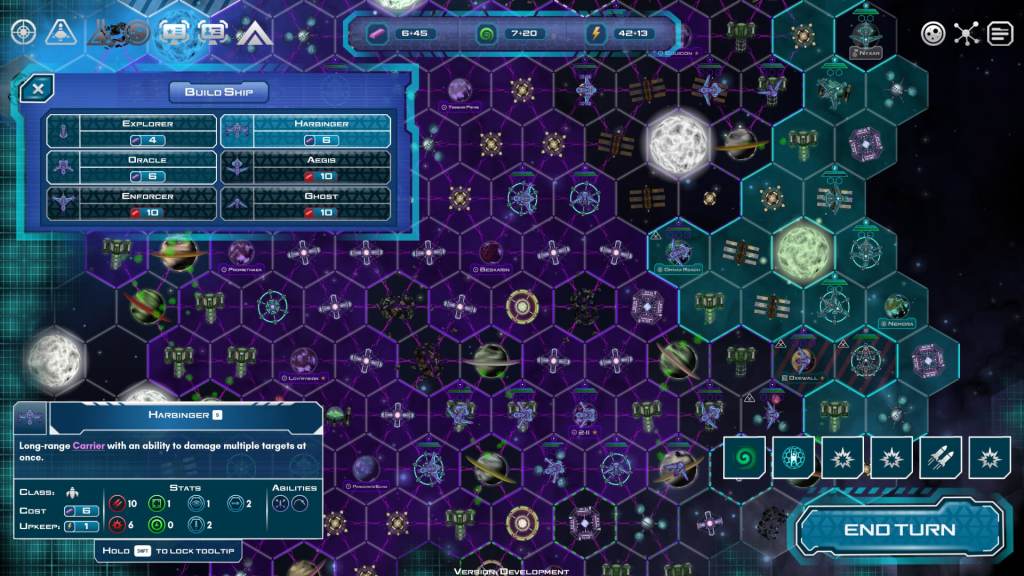 A strategy game interface displaying a space map with hexagonal tiles, ship building options, and information about various ship types including the Harbinger, which is detailed with its abilities and stats.