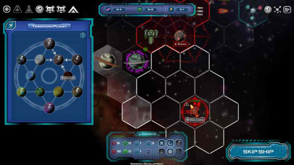 A strategic game interface showing a star map and planetary options for terraforming, with hexagonal grid layout and various celestial bodies represented.