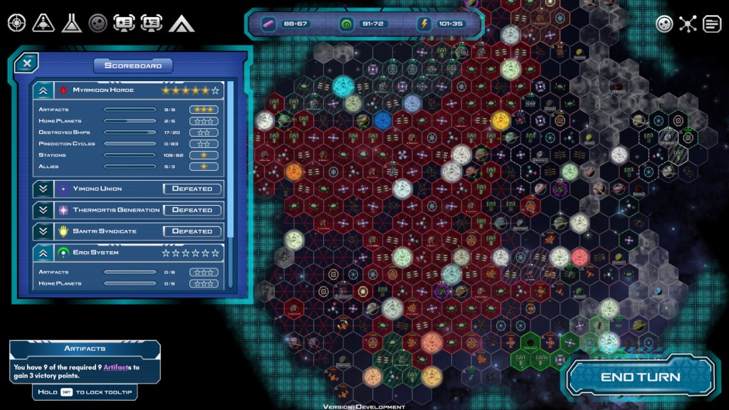 A digital scoreboard displaying game statistics for a space strategy game, highlighting the Myrmigon Horde's details, including artifacts, home planets, and defeated opponents, alongside an expansive map of hexagonal regions filled with various planets and symbols.