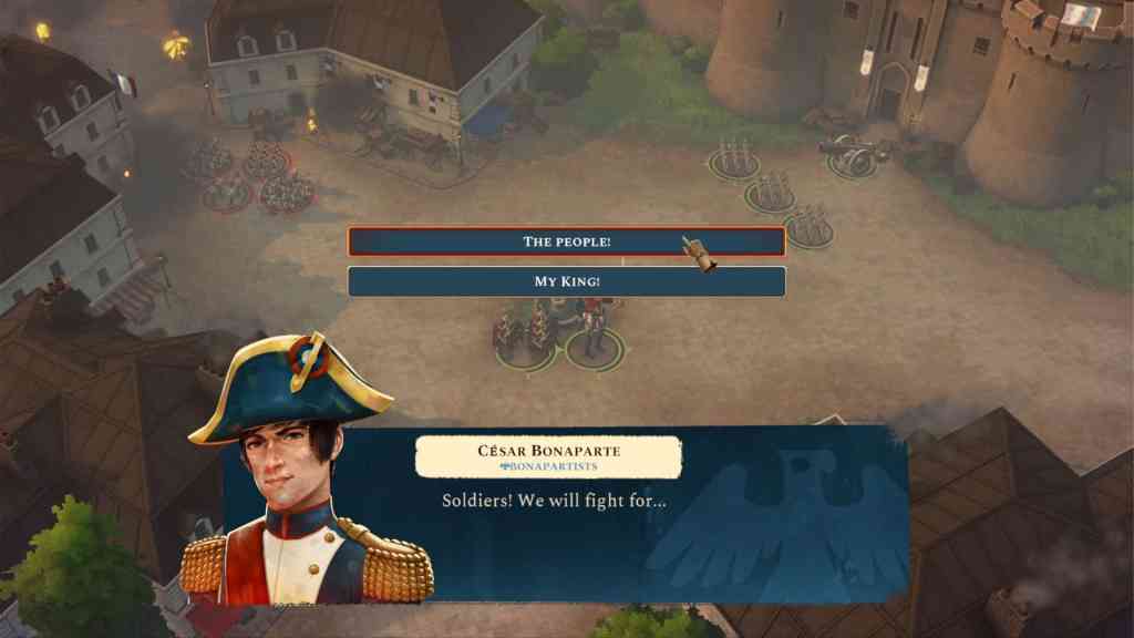 Character selection screen from the game 'Bonaparte: A Mechanized Revolution' featuring Cèsar Bonaparte, with options for 'The People' and 'My King' visible.