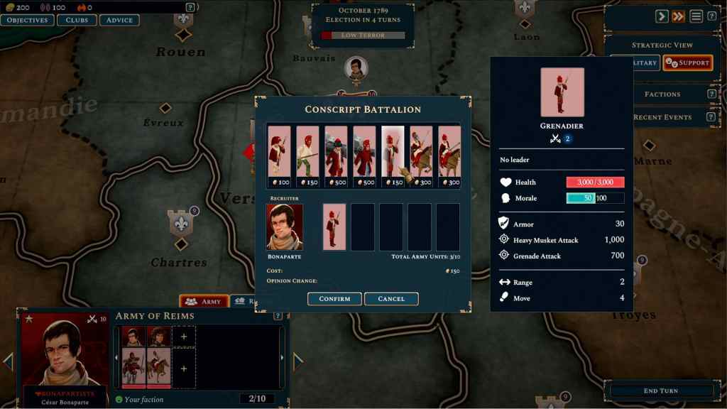 Game interface displaying a map of regions, army details, and conscription options in 'Bonaparte: A Mechanized Revolution'.