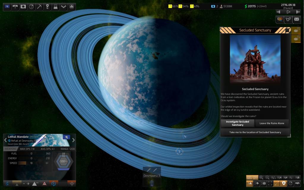 A digital space exploration scene featuring a planet with rings, displaying a user interface that includes options for investigating a secluded sanctuary and details about a spacecraft.
