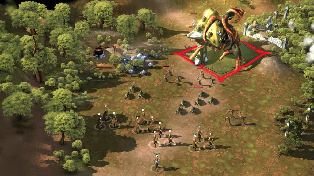 A fantasy strategy game scene depicting a large, monstrous creature surrounded by various units in a lush, forested environment. The creature is mounted on a raised platform with a red outline, while smaller units are positioned in the foreground.