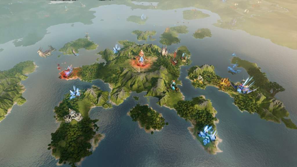An aerial view of a fantasy game map, featuring various islands, lush green landscapes, and strategically located structures, with a shimmering ocean surrounding them.