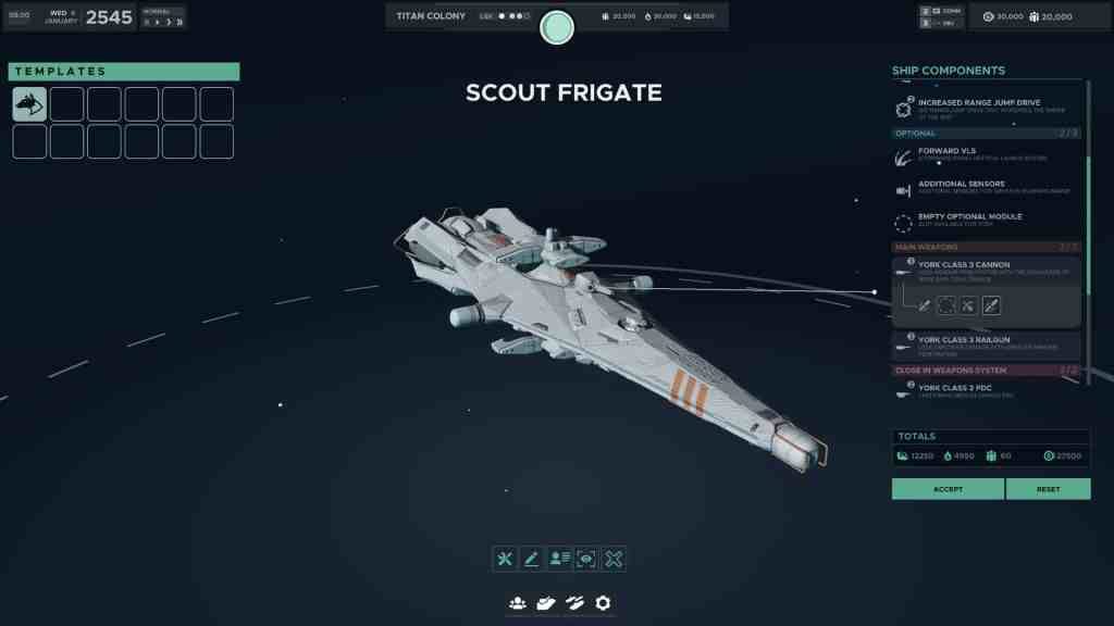 A digital illustration of a sleek scout frigate spaceship, displayed in a user interface, showcasing various ship components and options for customization.