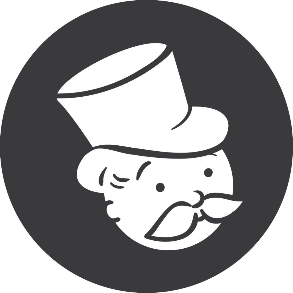 Stylised illustration of a gentleman with a top hat and a moustache against a dark circular background.
