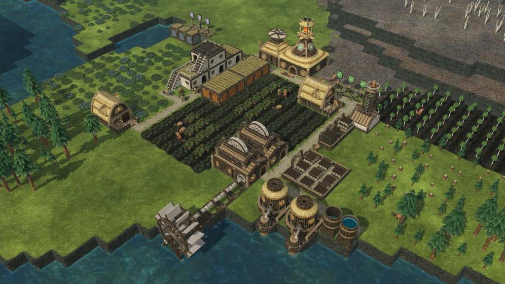 Aerial view of a city-building game environment with various structures, including farms, warehouses, and watermills, surrounded by trees and water.