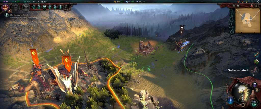 A fantasy game landscape featuring a base with two flags, surrounded by various structures and a mountainous backdrop. The interface shows game status and requires player input.