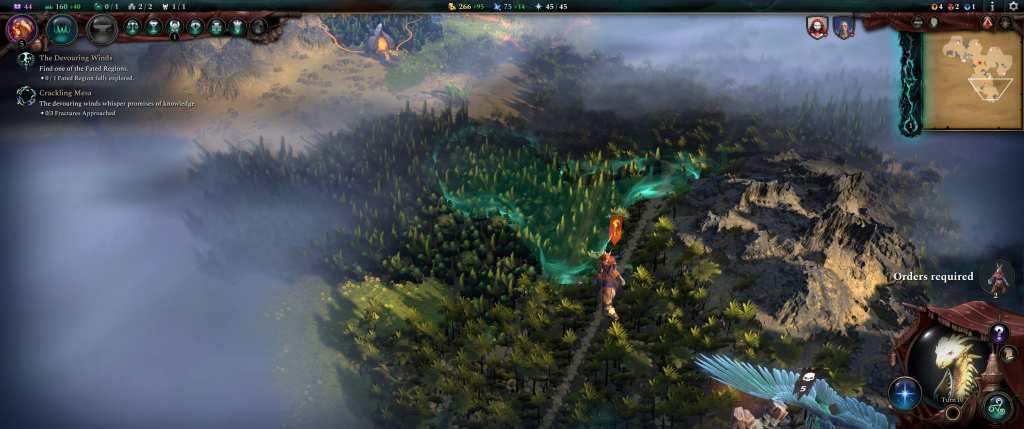 A character exploring a mystical landscape filled with dense greenery and fog, displaying various game elements such as objectives and order requirements.