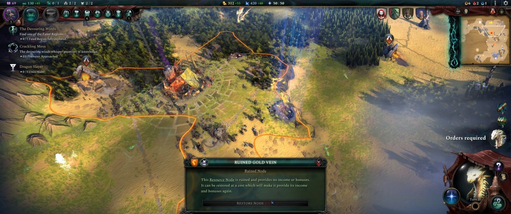 A strategic game interface displaying a map with various resource nodes, including a highlighted ruined gold vein with information about its status, and a panel showing game actions and objectives.