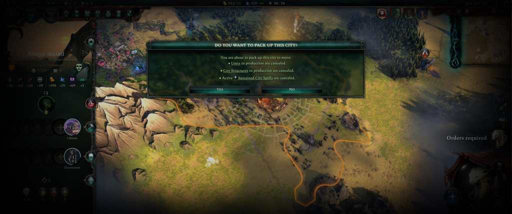 A strategy game interface showing a map with city structures and a dialog box asking if the user wants to pack up a city, with options for confirmation.