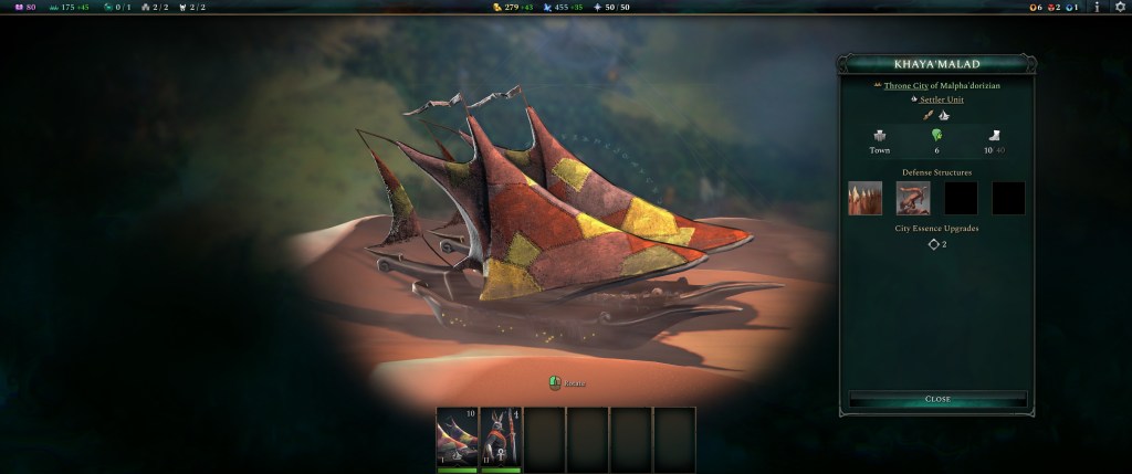 A futuristic, multi-sailed ship resting on a sandy surface, featuring vibrant colours and intricate designs, accompanied by a user interface displaying town and defence information.