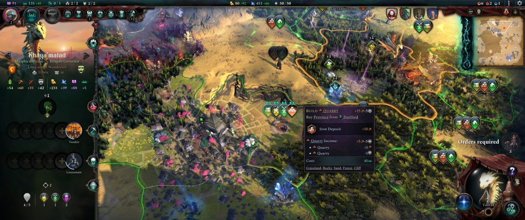 Screenshot of a strategy game interface displaying a map with various terrain types, resources, and cities, including character stats and options to build a quarry.