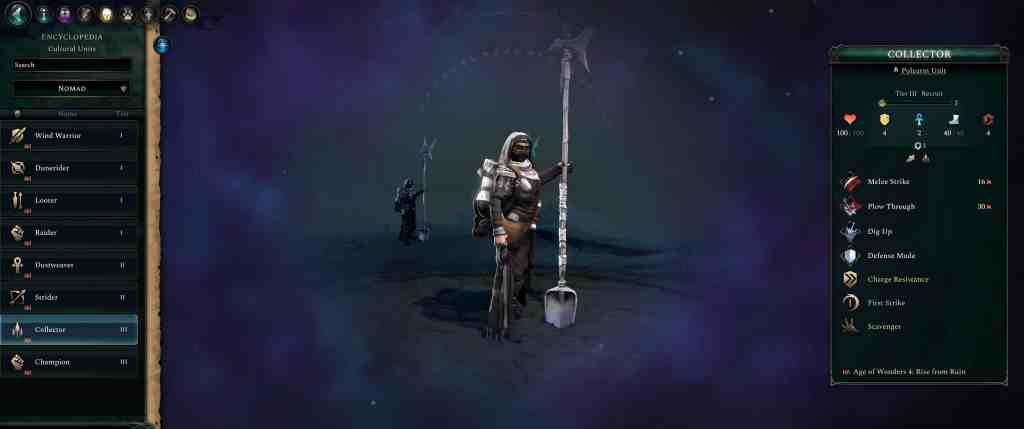 A video game interface featuring a character named Collector, displaying stats and abilities, set against a cosmic background.