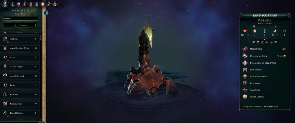Illustration of a Sand Scorpion unit from a fantasy game, displayed in a 3D view with detailed features, including its stats and abilities on the side.