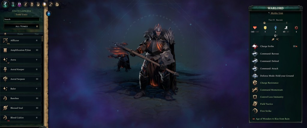 A character in dark, ornate armour wielding a spear, set against a mystical background. The interface on the left displays various tomes and units, while the right showcases information about the 'Warlord' character, including abilities and stats.