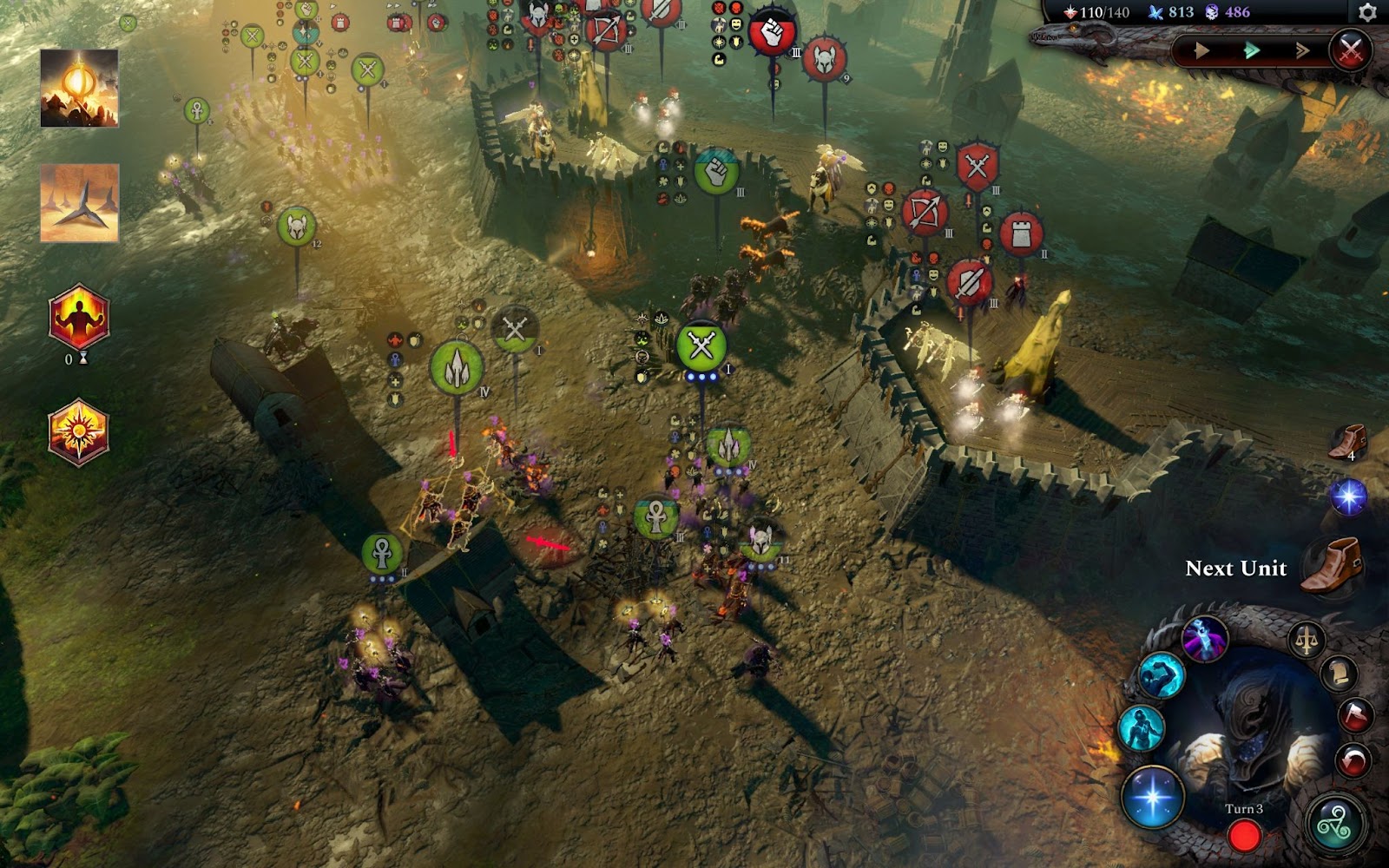 An overhead view of a battle scene in Age of Wonders 4, showing various units in combat, terrain details, and a user interface with icons representing game mechanics.
