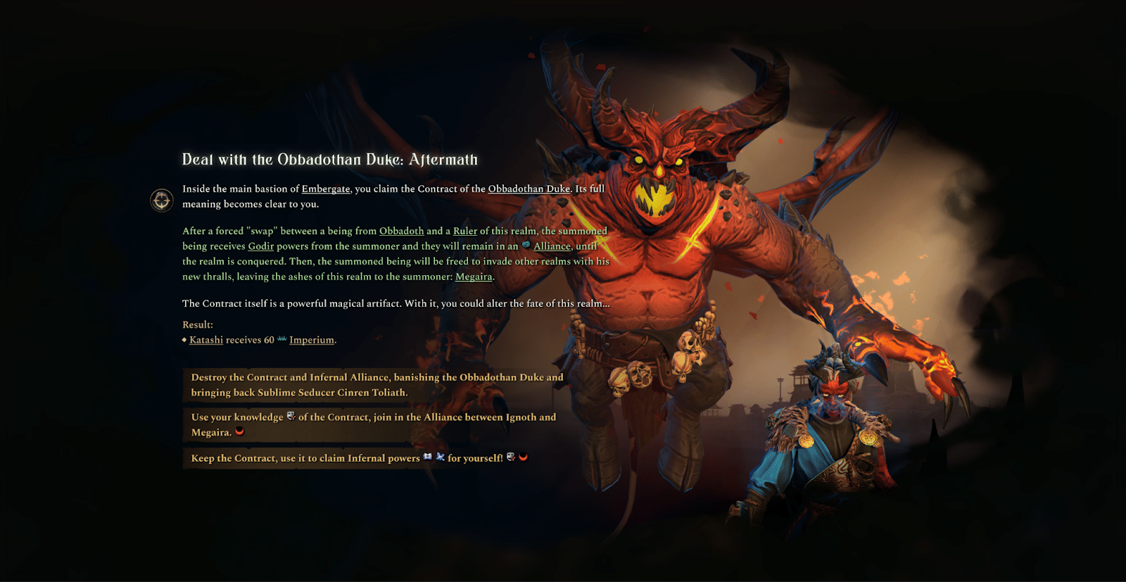 A screenshot depicting a scene from the game _Age of Wonders 4_, featuring characters in armor and an ornate background. The focus is on a character interacting with a magical artifact, highlighting key decisions and outcomes related to the gameplay.
