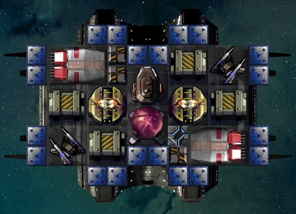 The HDP LOM DS 2R has two Light Orbital Missile launchers with two Deflector Screens and Reactive Armor, running on one 2x2 Fusion reactor. 