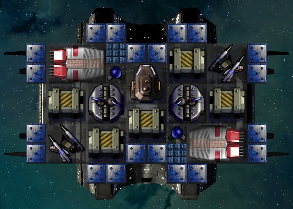The HDP LOM ES 2R has two Light Orbital Missile launchers with two Energy Shields and Reactive Armor, running on Fusion power. 