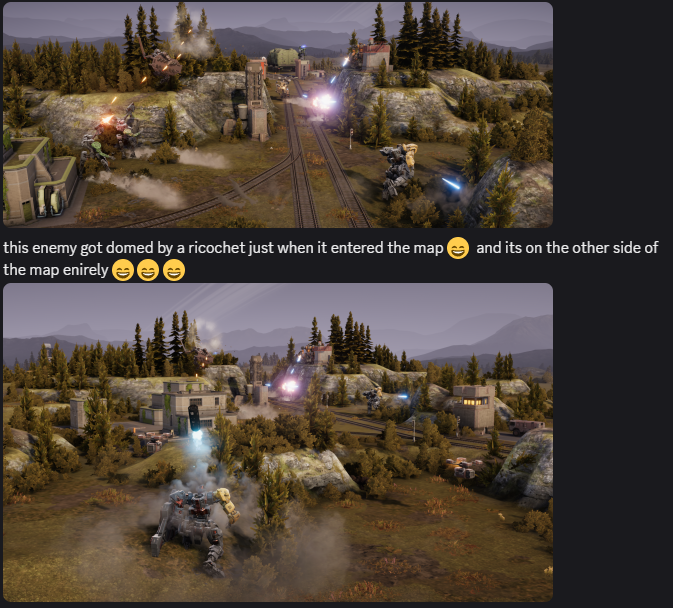 A tactical mech battle scene featuring one mech engaging an enemy, illuminated by explosions and gunfire in a mountainous environment.