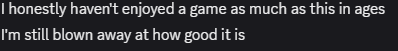 Screenshot of a positive review about a video game, expressing appreciation and enjoyment.