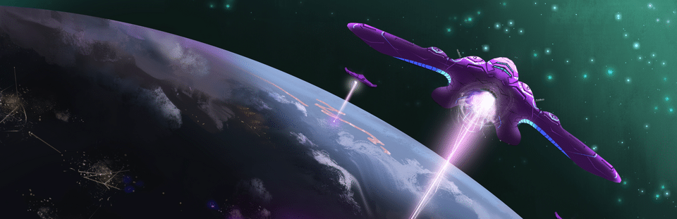 A futuristic purple spaceship firing beams towards a planet, set against a starry space background.