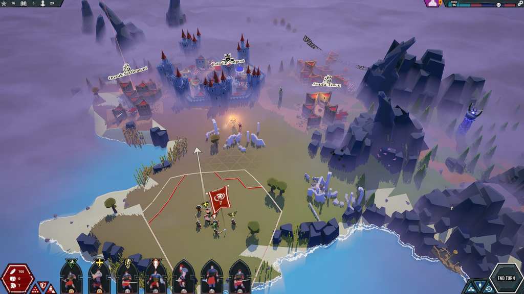 A fantasy-themed strategy game landscape featuring a colorful map with various structures such as towns and outposts, surrounded by fog and mountains, illustrating gameplay mechanics.
