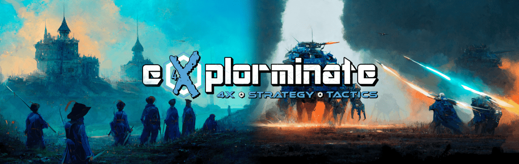 An artistic split image featuring a medieval castle landscape on the left and a futuristic battlefield with tanks and laser effects on the right, with the text 'explorninate 4X Strategy Tactics' prominently displayed in the centre.