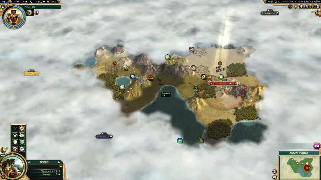 A strategic view of a game map showing a partially obscured island surrounded by clouds, featuring mountains, a lake, and resources. A scout unit is positioned on the lower left, and various icons represent cities and resources.